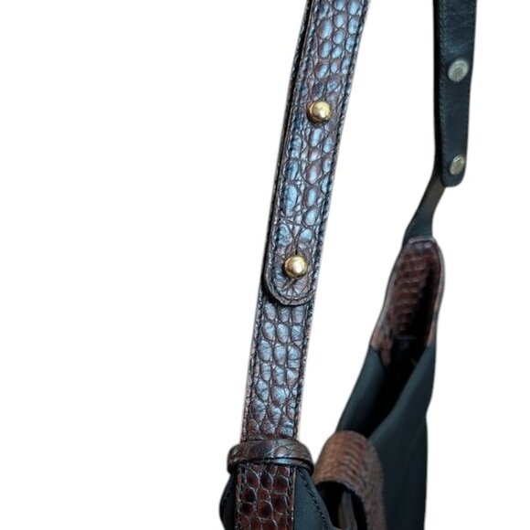 Vintage Brahmin Solid Dark Nylon Croc Style Leather Handle Accents Shoulder Bag - Picture 6 of 16